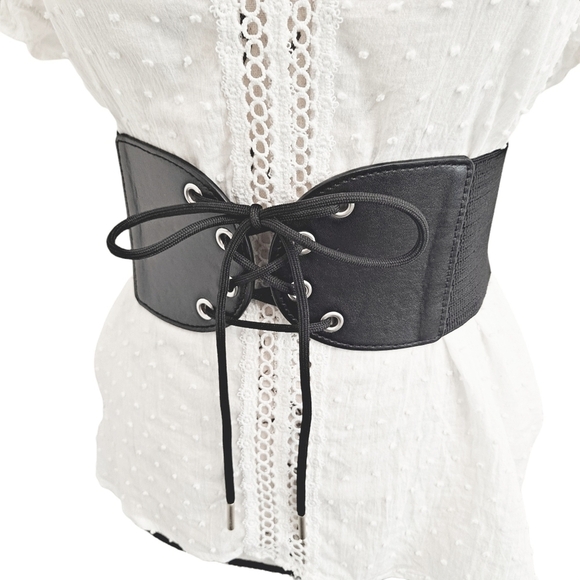 Wide Black lace up corset Boho stretch waist faux leather elastic dress belt - Picture 5 of 13